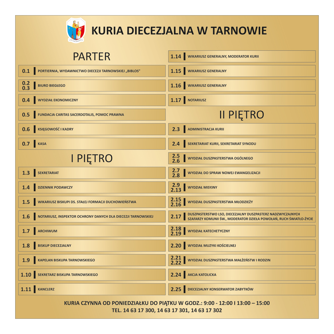 Tablica zbiorcza opisująca pokoje w Kurii Diecezjalnej w Tarnowie