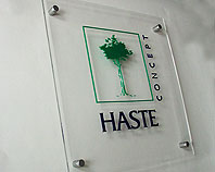 Szyld z bezbarwnej plexi na ozdobnych srebrnych dystansach dla firmy HASTE