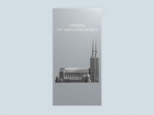Wizualizacja 3d grawerowania Katedry Wrocławskiej w szklanej statuetce - widok z przodu