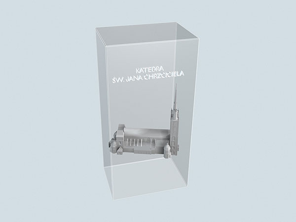 Wizualizacja 3d grawerowania Katedry Wrocławskiej w szklanej statuetce - widok perspektywa